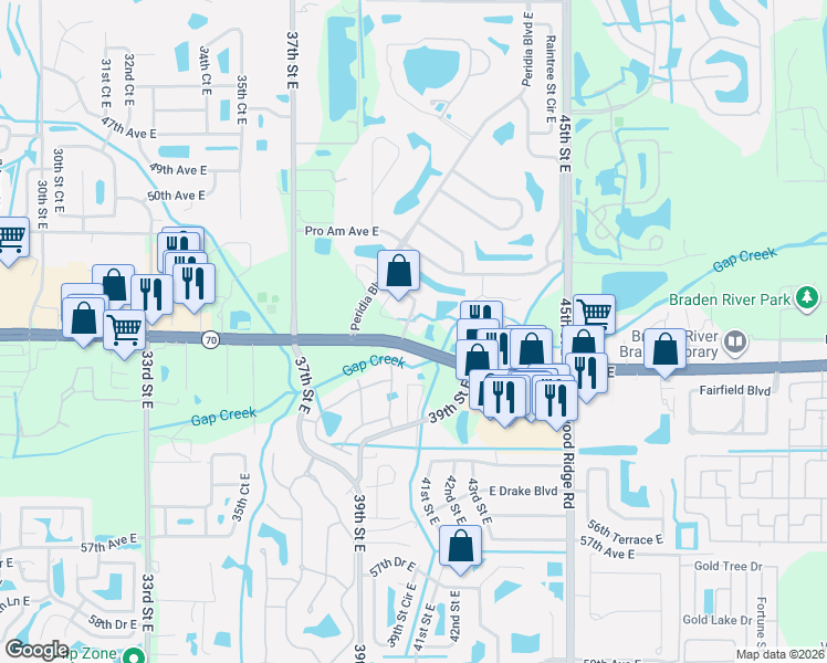 map of restaurants, bars, coffee shops, grocery stores, and more near 4006 53rd Avenue East in Bradenton
