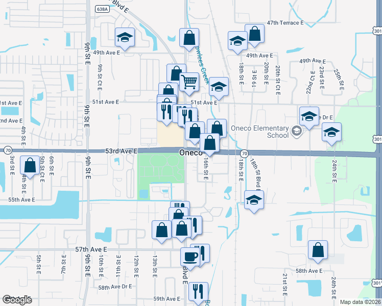 map of restaurants, bars, coffee shops, grocery stores, and more near 2333 53rd Avenue East in Bradenton