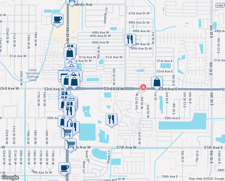 map of restaurants, bars, coffee shops, grocery stores, and more near 5307 Algeria Court in Bradenton