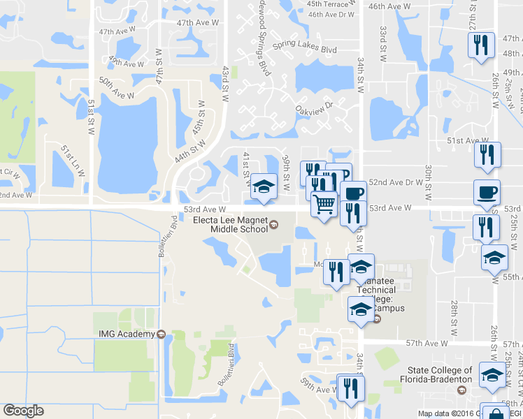 map of restaurants, bars, coffee shops, grocery stores, and more near 4576 53rd Avenue West in Bradenton