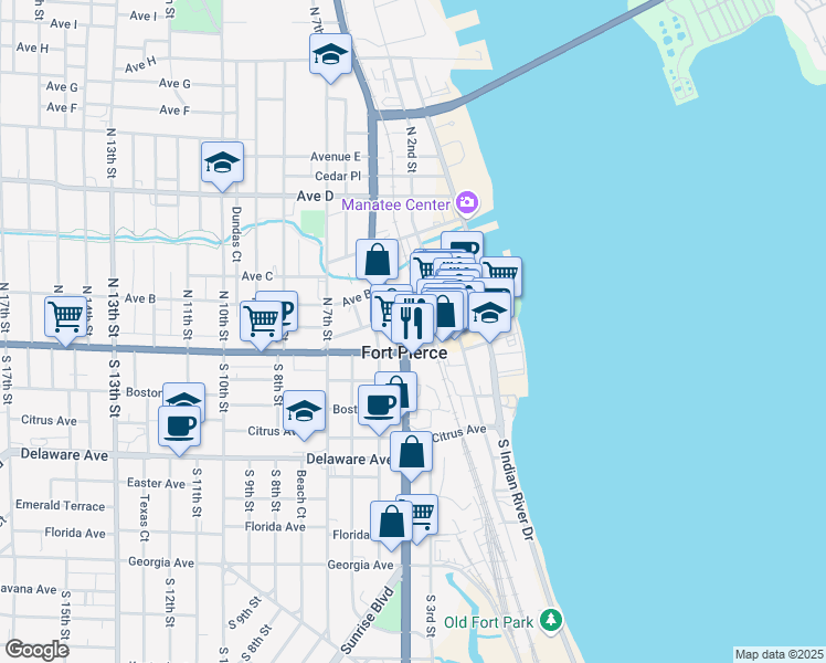 map of restaurants, bars, coffee shops, grocery stores, and more near 315 Ave A in Fort Pierce