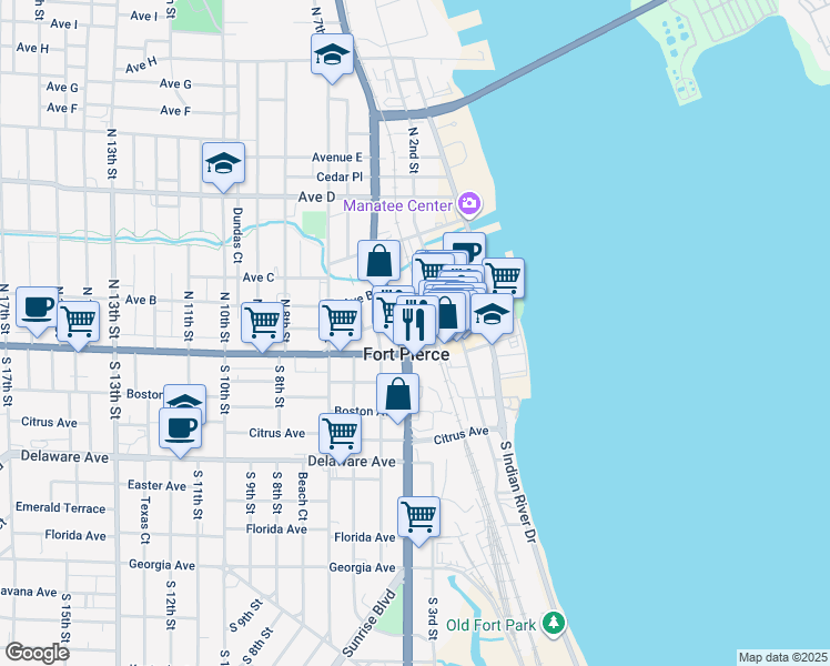 map of restaurants, bars, coffee shops, grocery stores, and more near 315 Ave A in Fort Pierce