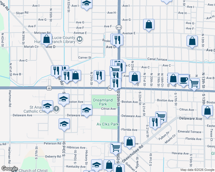 map of restaurants, bars, coffee shops, grocery stores, and more near 201 North 27th Street in Fort Pierce