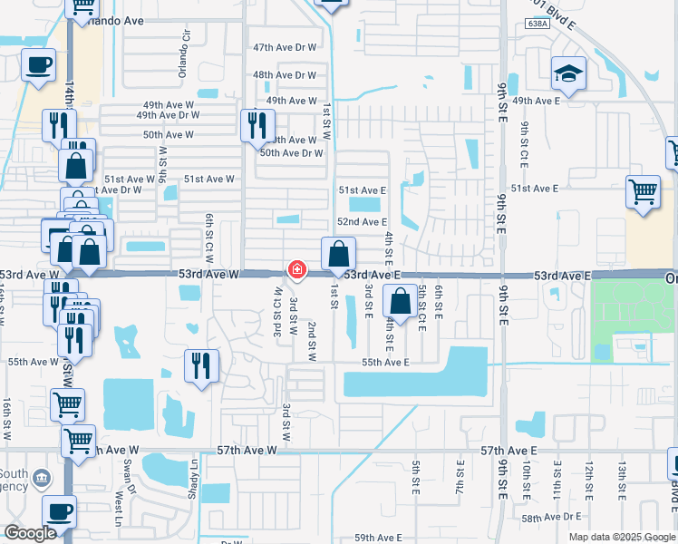 map of restaurants, bars, coffee shops, grocery stores, and more near 102 52nd Avenue Plaza East in Bradenton