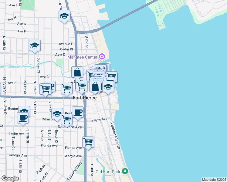 map of restaurants, bars, coffee shops, grocery stores, and more near 20 Orange Avenue in Fort Pierce