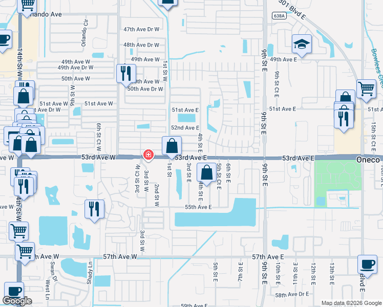 map of restaurants, bars, coffee shops, grocery stores, and more near 203 52nd Avenue Terrace East in Bradenton