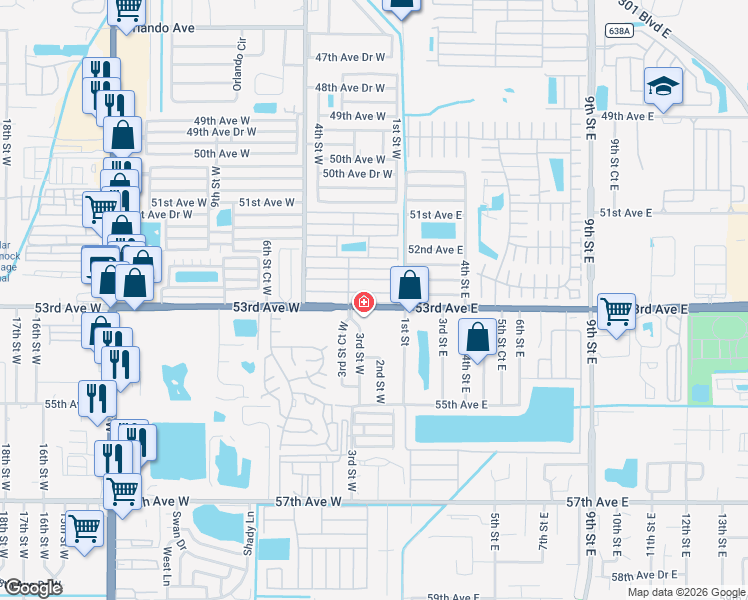map of restaurants, bars, coffee shops, grocery stores, and more near 207 52nd Avenue Terrace West in Bradenton