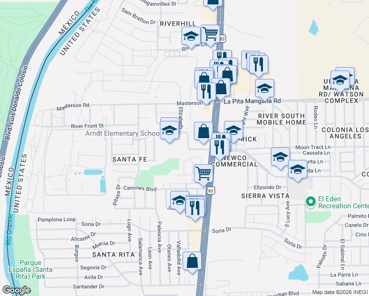 map of restaurants, bars, coffee shops, grocery stores, and more near 4612 Santa Martha Boulevard in Laredo
