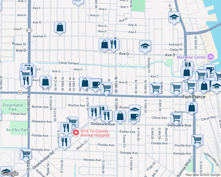 map of restaurants, bars, coffee shops, grocery stores, and more near 135 North 14th Street in Fort Pierce