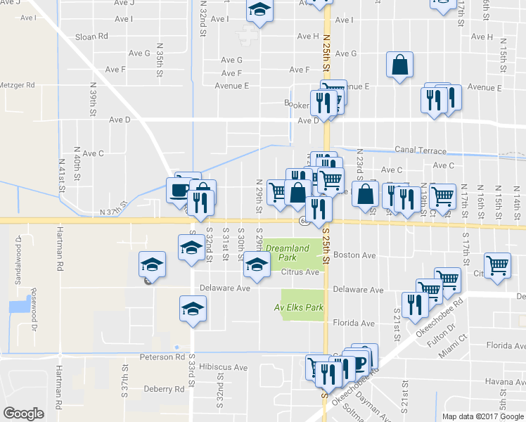 map of restaurants, bars, coffee shops, grocery stores, and more near 106 North 29th Street in Fort Pierce