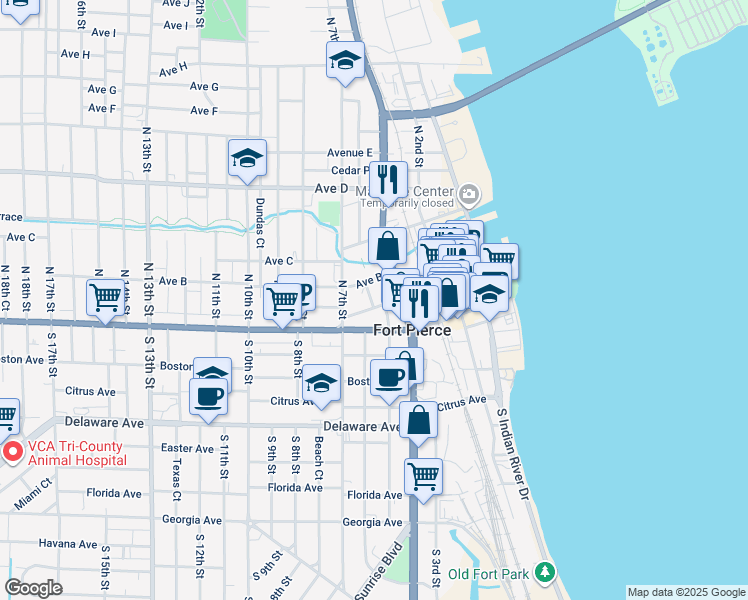 map of restaurants, bars, coffee shops, grocery stores, and more near 601 Avenue B in Fort Pierce