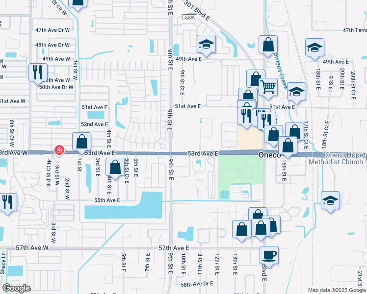 map of restaurants, bars, coffee shops, grocery stores, and more near 919 53rd Avenue East in Bradenton