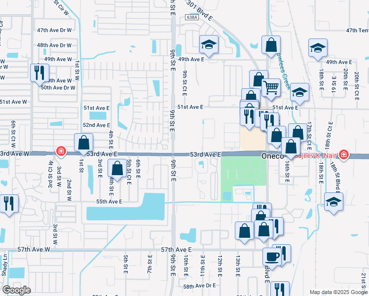 map of restaurants, bars, coffee shops, grocery stores, and more near 919 53rd Avenue East in Bradenton