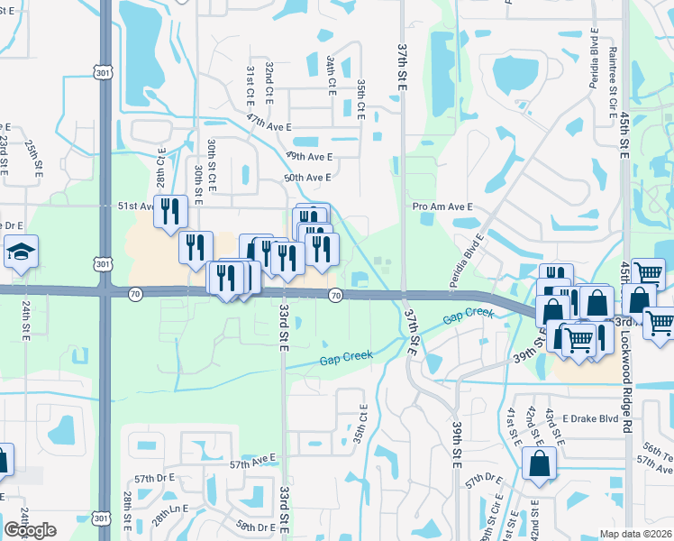 map of restaurants, bars, coffee shops, grocery stores, and more near 5260 34th Street East in Bradenton