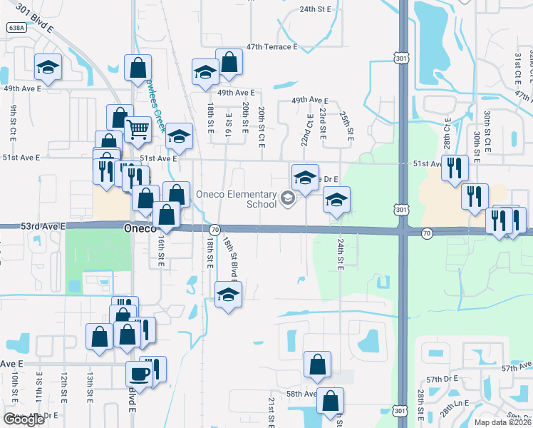 map of restaurants, bars, coffee shops, grocery stores, and more near 5208 20th Street Court East in Bradenton