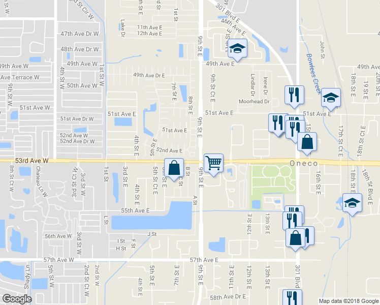 map of restaurants, bars, coffee shops, grocery stores, and more near 802 Circle Drive in Bradenton