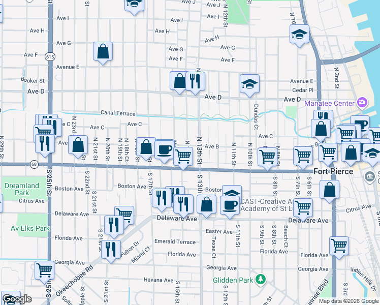 map of restaurants, bars, coffee shops, grocery stores, and more near 135 North 14th Street in Fort Pierce