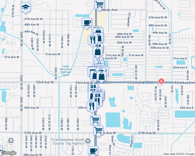 map of restaurants, bars, coffee shops, grocery stores, and more near 5217 14th Street West in Bradenton