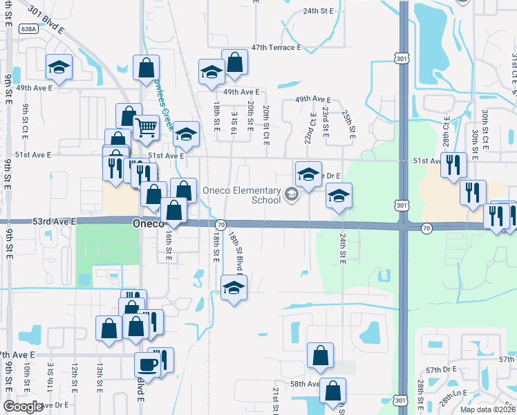 map of restaurants, bars, coffee shops, grocery stores, and more near 5208 20th Street Court East in Bradenton