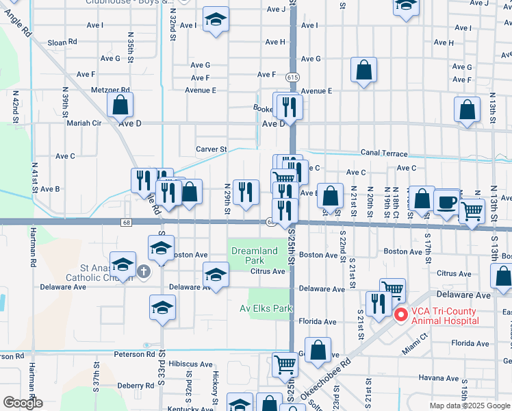 map of restaurants, bars, coffee shops, grocery stores, and more near 201 North 27th Street in Fort Pierce