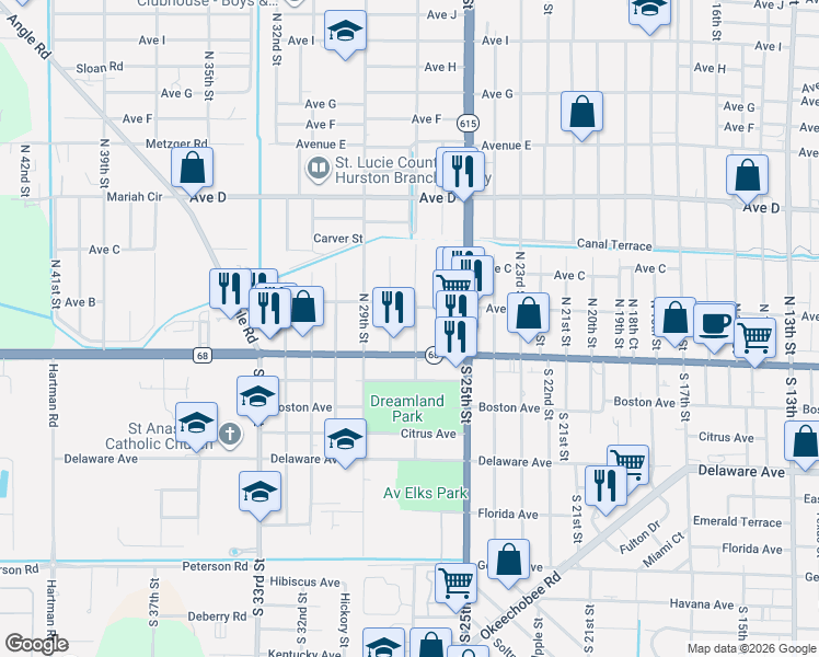map of restaurants, bars, coffee shops, grocery stores, and more near 201 North 27th Street in Fort Pierce