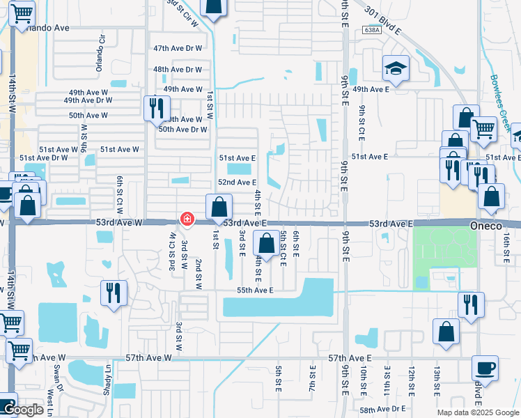 map of restaurants, bars, coffee shops, grocery stores, and more near 5221 4th Street East in Bradenton