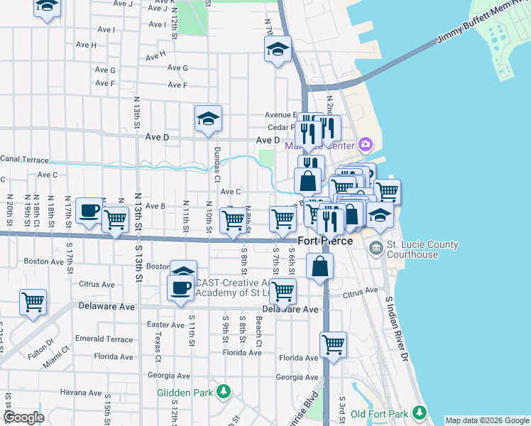 map of restaurants, bars, coffee shops, grocery stores, and more near 707 Avenue B in Fort Pierce