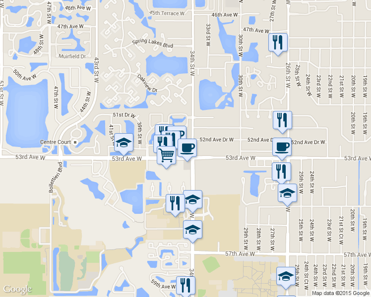 map of restaurants, bars, coffee shops, grocery stores, and more near 3425 53rd Avenue West in Bradenton