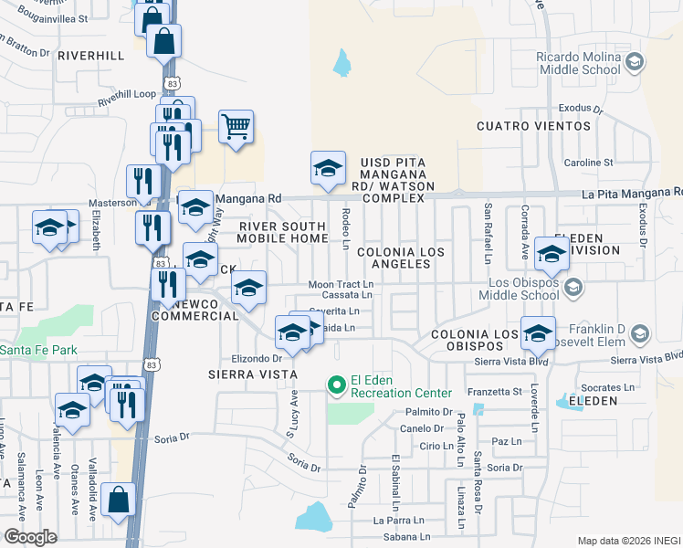 map of restaurants, bars, coffee shops, grocery stores, and more near 4550 Rodeo Lane in Laredo