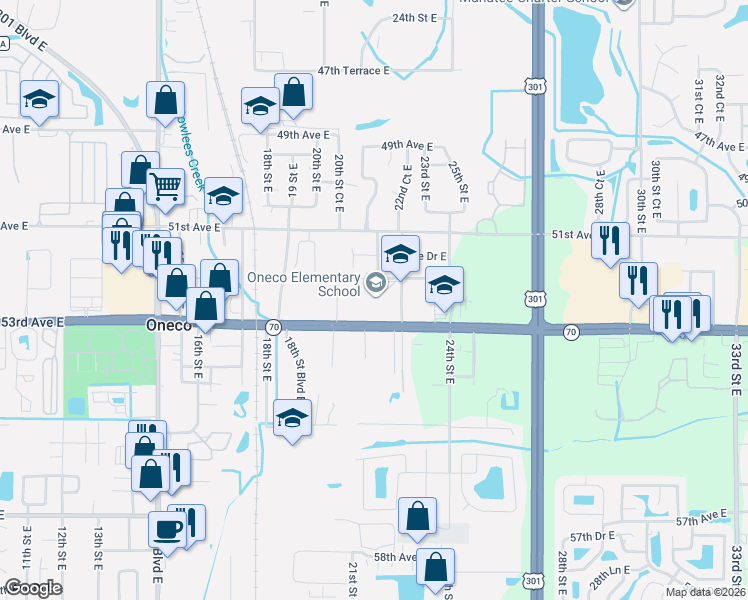 map of restaurants, bars, coffee shops, grocery stores, and more near 5214 22nd Street Court East in Bradenton