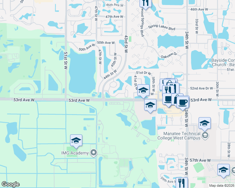 map of restaurants, bars, coffee shops, grocery stores, and more near 4227 52nd Place West in Bradenton