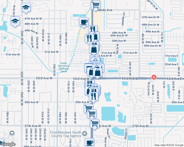 map of restaurants, bars, coffee shops, grocery stores, and more near 5250 14th Street West in Bradenton