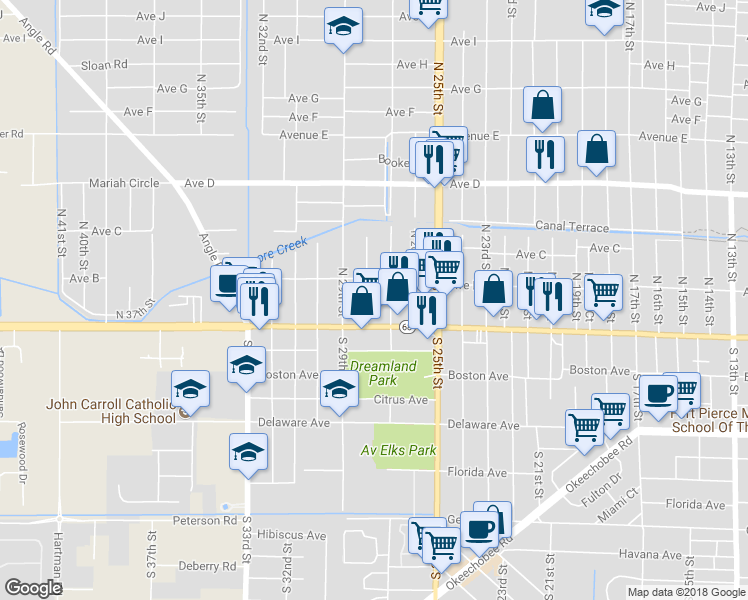 map of restaurants, bars, coffee shops, grocery stores, and more near 202 North 28th Street in Fort Pierce