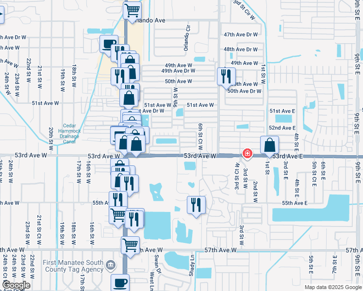 map of restaurants, bars, coffee shops, grocery stores, and more near 807 52nd Avenue Boulevard West in Bradenton