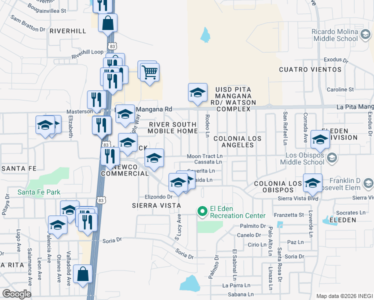 map of restaurants, bars, coffee shops, grocery stores, and more near 4554 Christine Lane in Laredo
