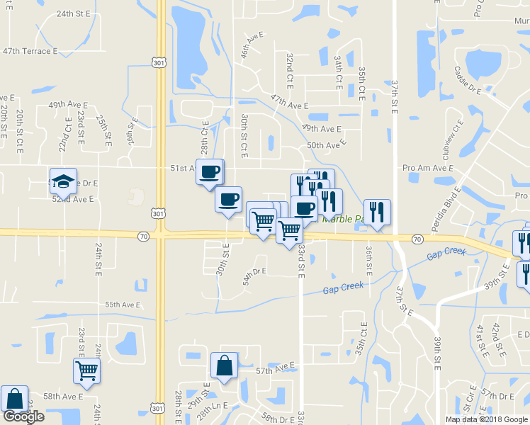 map of restaurants, bars, coffee shops, grocery stores, and more near 5224 31st Street Court East in Bradenton