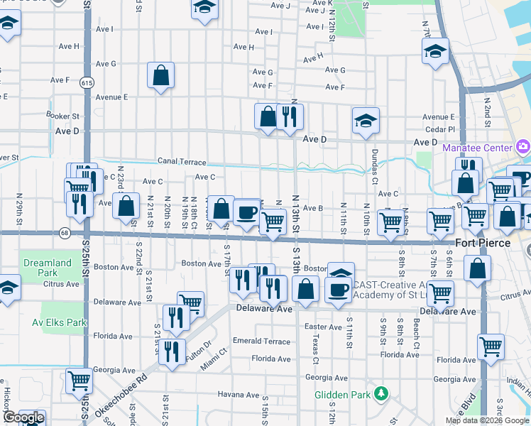 map of restaurants, bars, coffee shops, grocery stores, and more near 135 North 14th Street in Fort Pierce