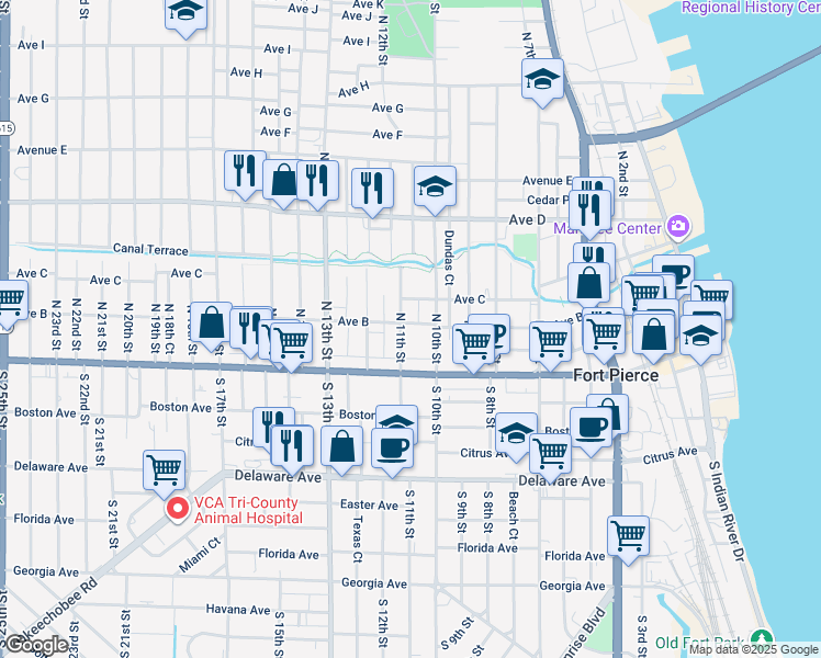 map of restaurants, bars, coffee shops, grocery stores, and more near 134 North 11th Street in Fort Pierce