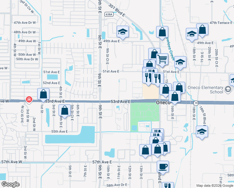 map of restaurants, bars, coffee shops, grocery stores, and more near 5284 11th Street East in Bradenton
