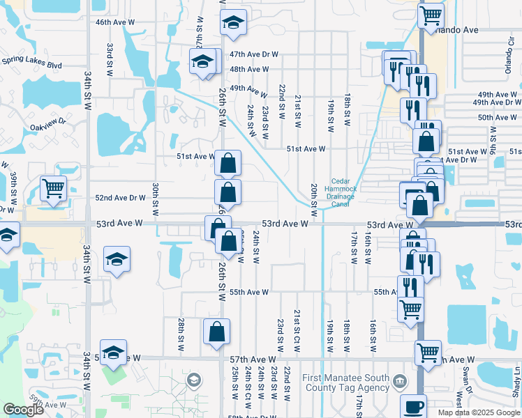 map of restaurants, bars, coffee shops, grocery stores, and more near 2312 52nd Avenue Drive West in Bradenton