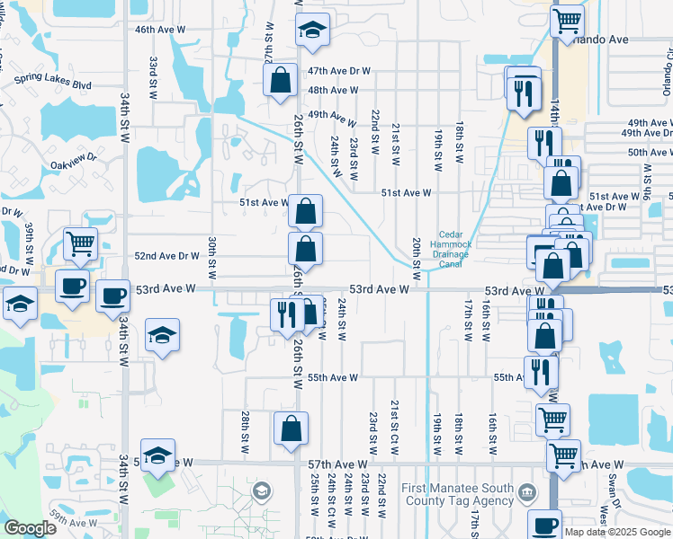 map of restaurants, bars, coffee shops, grocery stores, and more near 2312 52nd Avenue Drive West in Bradenton