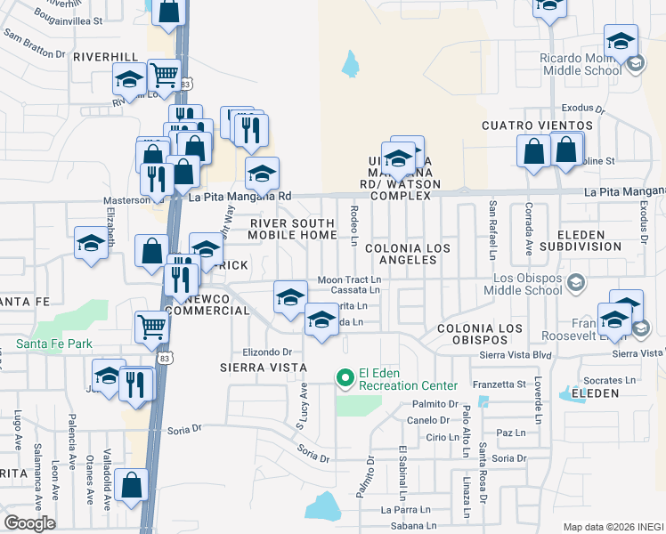 map of restaurants, bars, coffee shops, grocery stores, and more near 4550 Rodeo Lane in Laredo