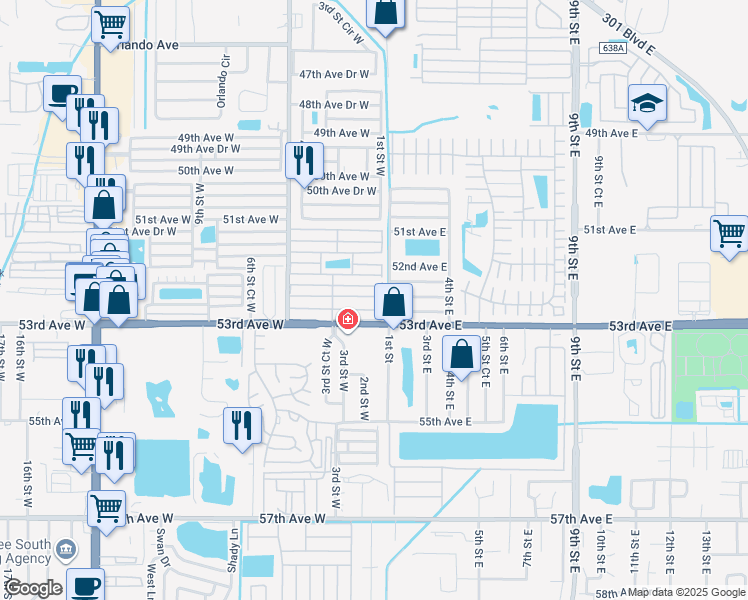 map of restaurants, bars, coffee shops, grocery stores, and more near 102 52nd Avenue Plaza West in Bradenton