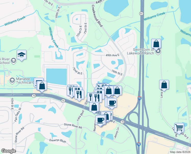 map of restaurants, bars, coffee shops, grocery stores, and more near 7305 52nd Drive East in Bradenton