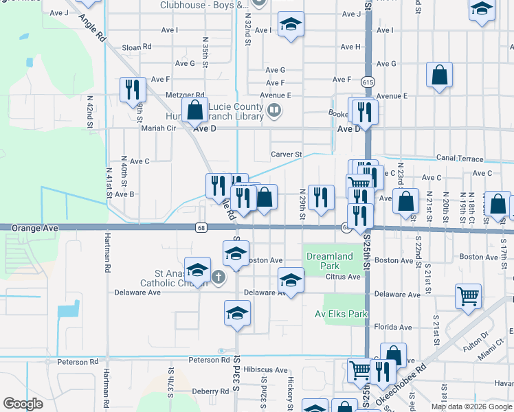 map of restaurants, bars, coffee shops, grocery stores, and more near 204 North 32nd Street in Fort Pierce