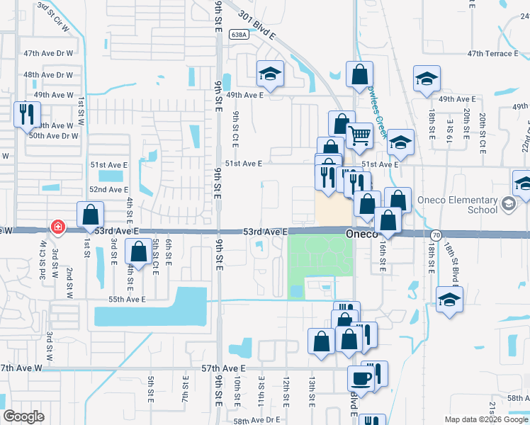 map of restaurants, bars, coffee shops, grocery stores, and more near 5284 11th Street East in Bradenton