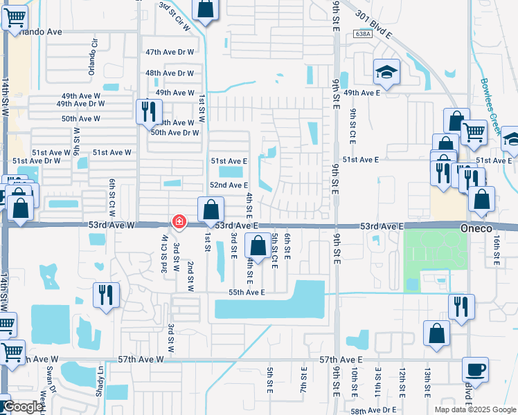 map of restaurants, bars, coffee shops, grocery stores, and more near 5221 4th Street East in Bradenton