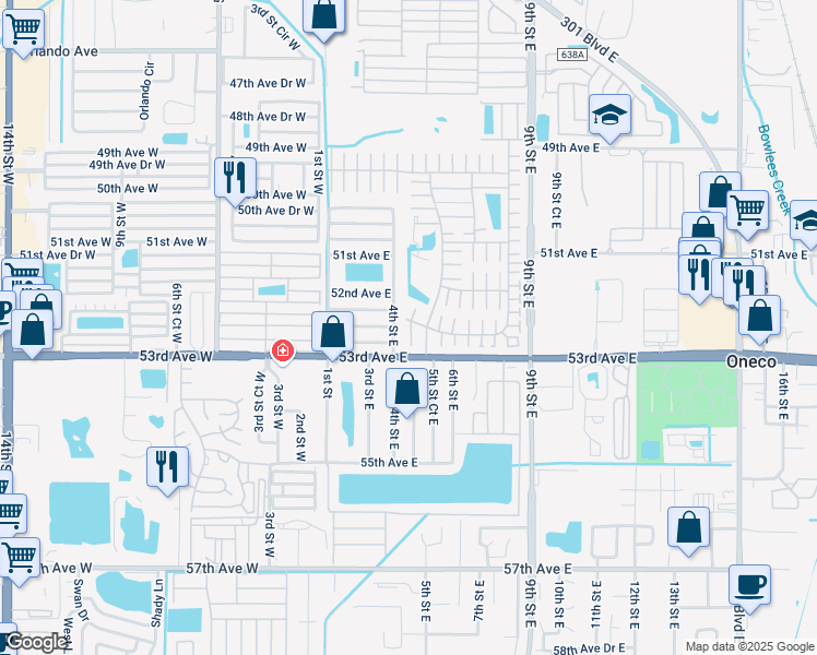 map of restaurants, bars, coffee shops, grocery stores, and more near 5221 4th Street East in Bradenton