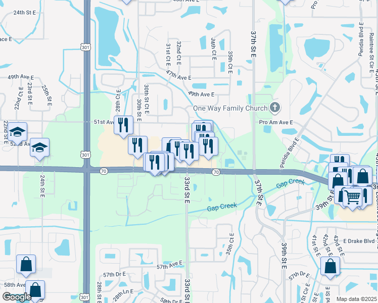 map of restaurants, bars, coffee shops, grocery stores, and more near 5201 33rd Street East in Bradenton
