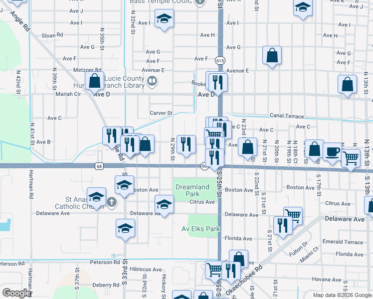 map of restaurants, bars, coffee shops, grocery stores, and more near 106 North 29th Street in Fort Pierce